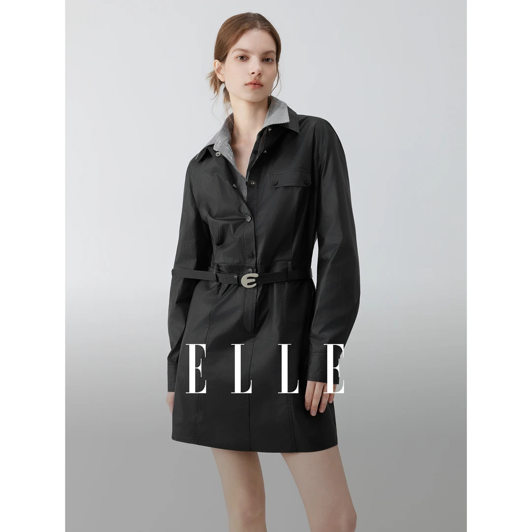 ELLE摩登衬衫式连衣裙女2025秋季新款腰带收腰通勤短裙EL52756
