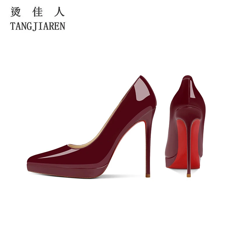 防水台高跟鞋女细跟2025春秋时尚新款不累脚气质酒红尖头红底单鞋