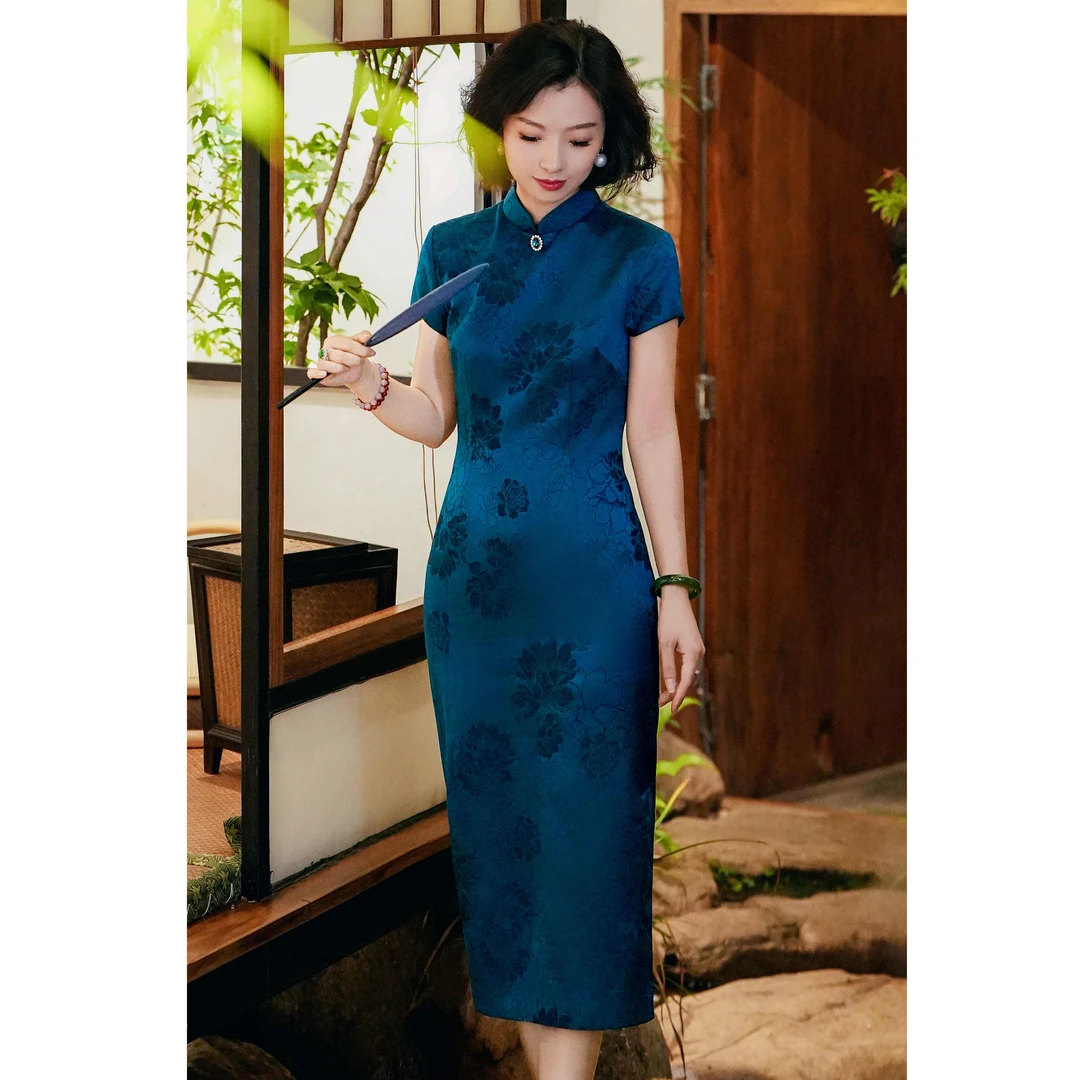 西子/【青云渡】新中式精纺羊毛提花暗纹牡丹修身改良旗袍/QPZY111