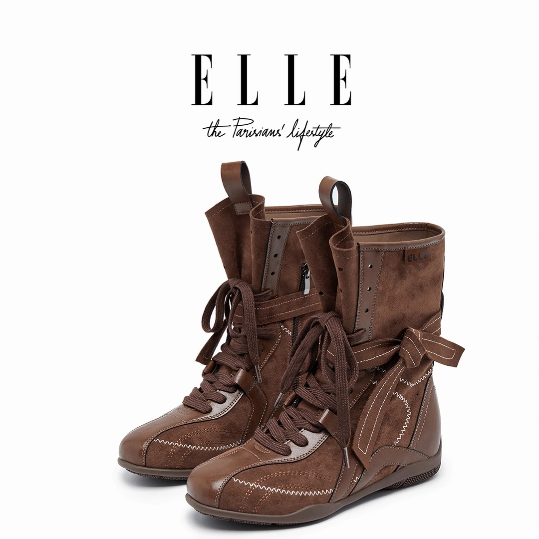 ELLE2025新款时髦拳击靴女复古拼色绑带侧拉链猎装亮眼德训马丁靴