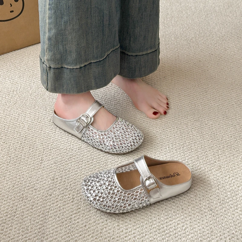 水钻镂空包头半拖鞋女2025新款夏季外穿法式复古配裙子度假凉拖鞋