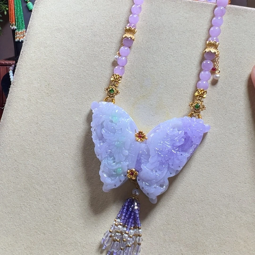 翡翠未镶嵌毛衣链冰紫蝴蝶高品