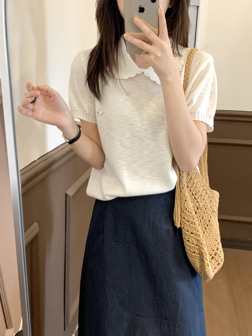 【Niche Young】气质百搭小众法式翻领设计感针织短袖Y6177