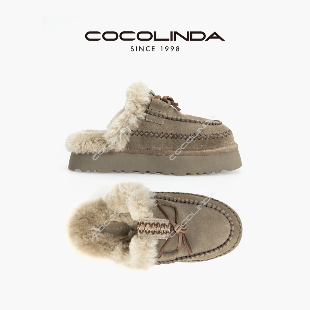 COCOLINDA | 厚底牛反绒包头毛毛拖鞋X2408