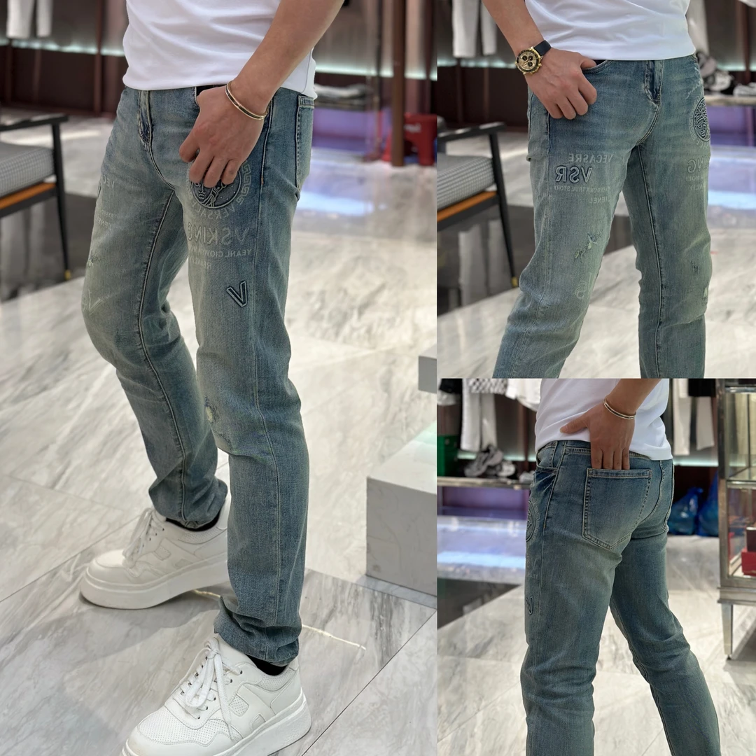 【发现者IV】2025新款夏季欧货高品质刺绣休闲男士蓝牛仔裤修身6108
