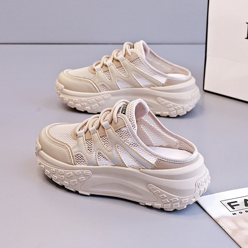 夏季透气半拖鞋一脚蹬懒人鞋网面女鞋百搭外穿镂空半托时尚休闲鞋