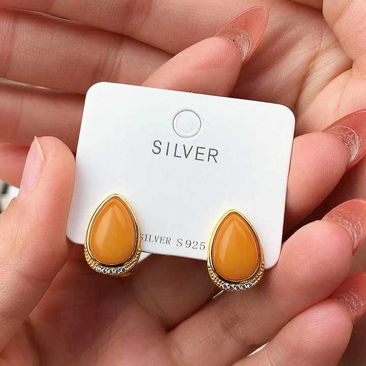 蜜蜡耳饰银S925镶嵌耳饰