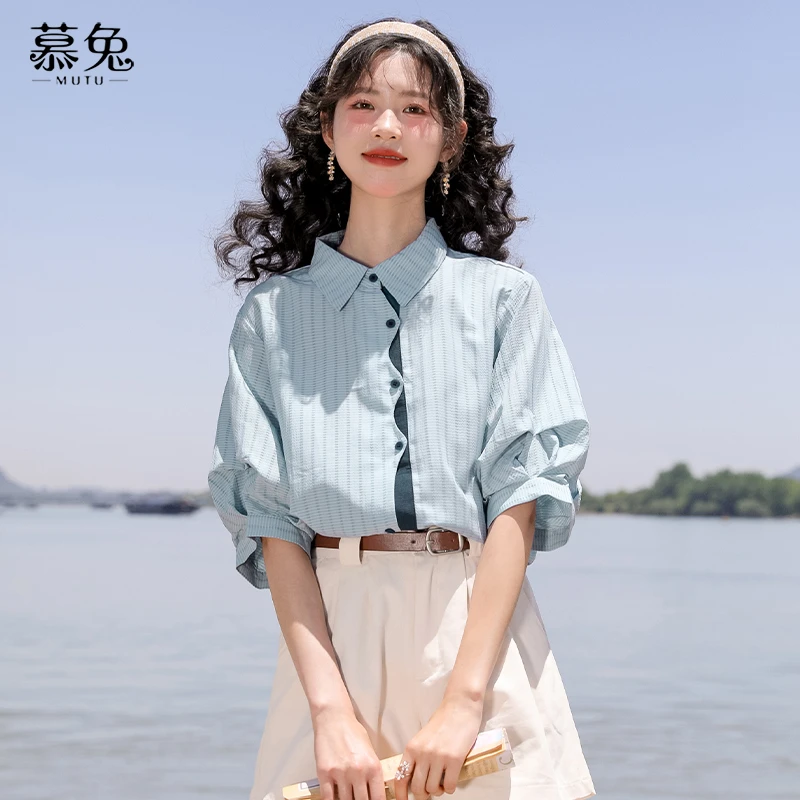 慕兔法式蓝色褶皱短袖衬衫女2025夏季新款独特设计感小众条纹上衣