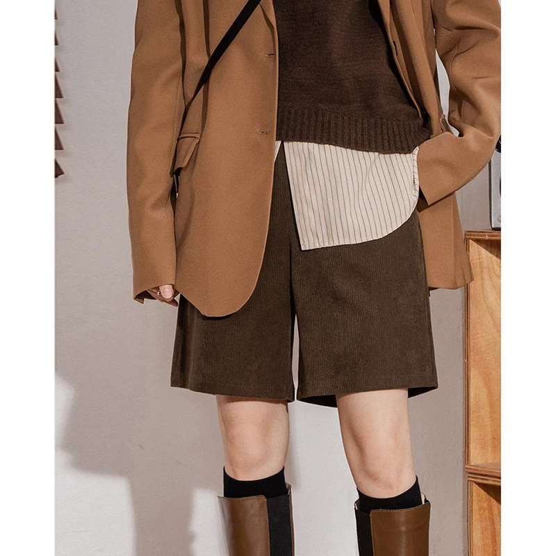 灯芯绒直筒五分裤女秋冬简约松紧腰百搭条绒休闲阔腿短裤女宽松