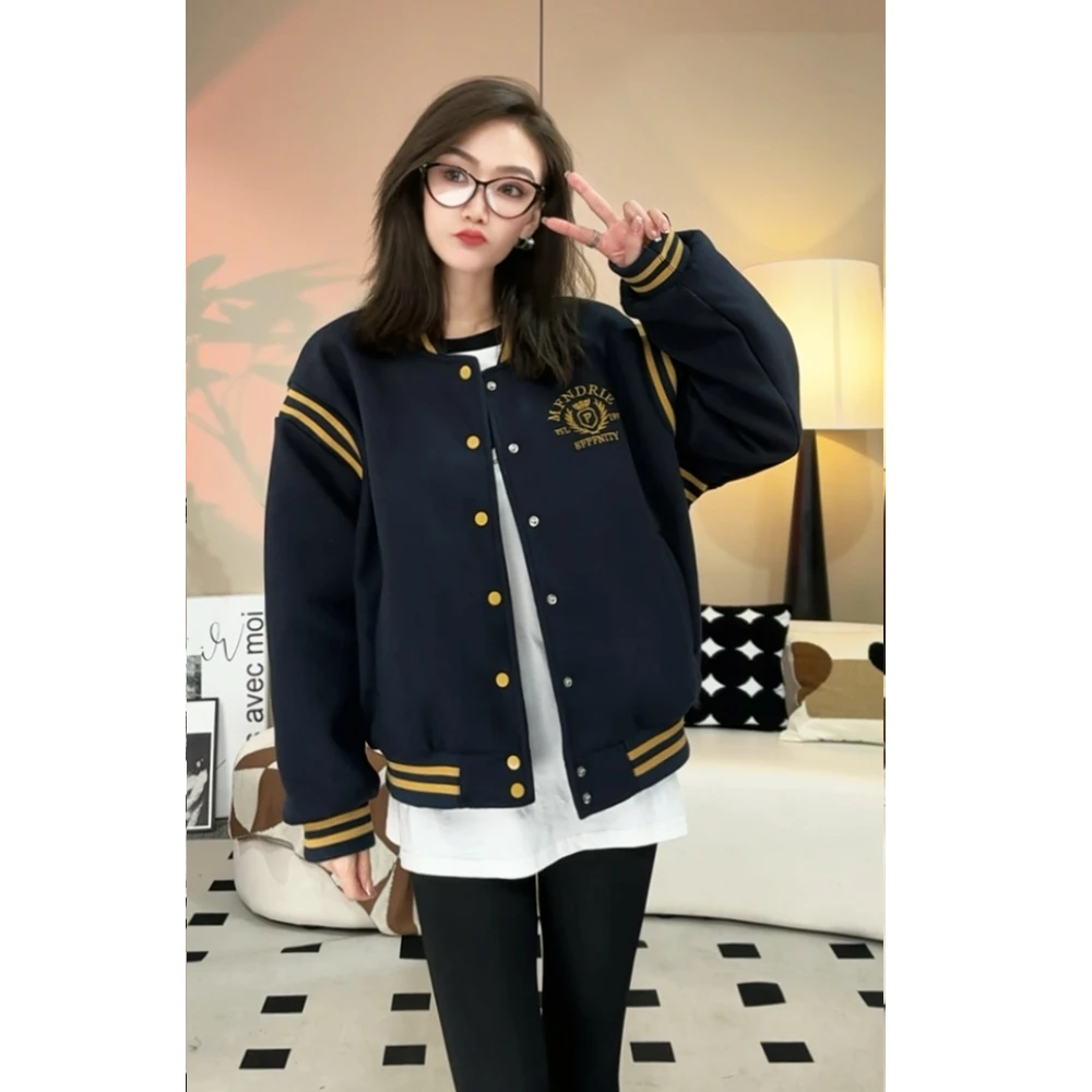 秋冬新款休闲百搭毛呢情侣棒球服宽松版时尚复古棒球服设计感撞色
