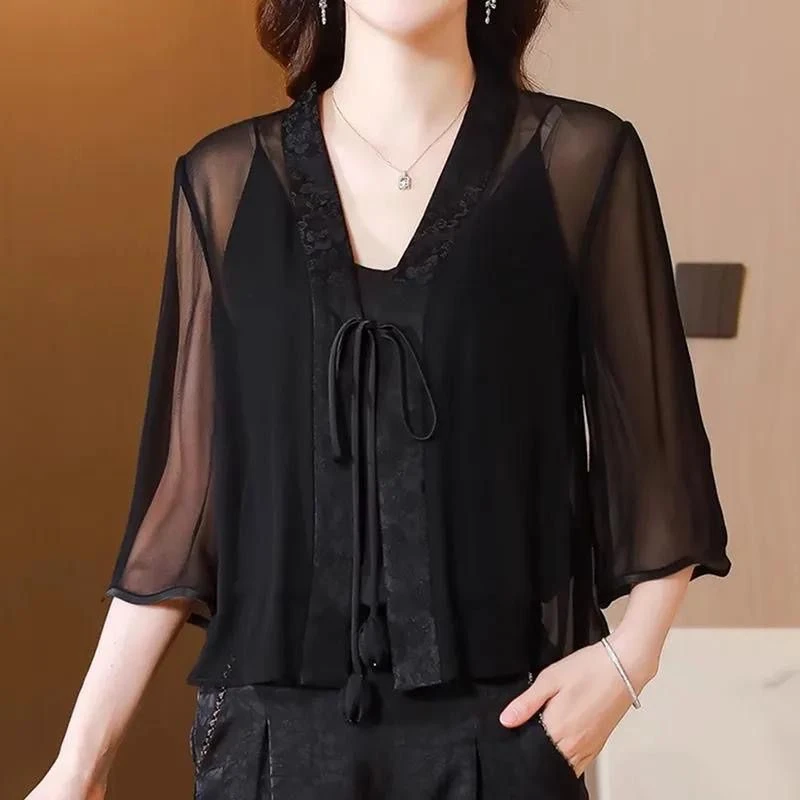 新中式中袖披肩夏季坎肩搭雪纺新款罩衫夏天黑色雪纺开衫冰丝上衣