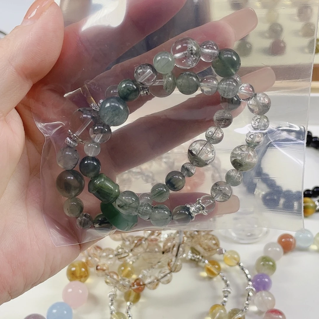 手绳水晶未镶嵌绿幽灵双圈水晶手链