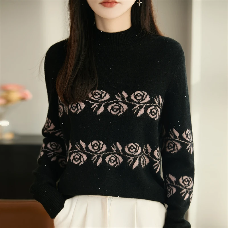 时尚品牌女装秋冬精纺玫瑰花亮片羊毛衫时尚宽松毛衣半高领针织衫