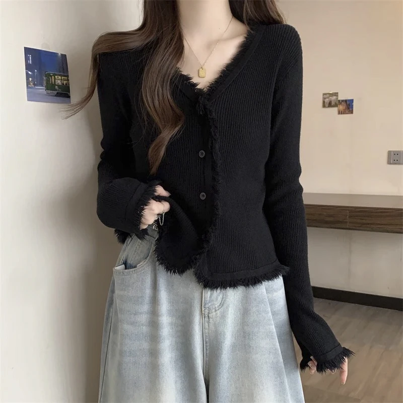 大码女装设计感流苏长袖针织开衫女春秋胖mm遮肚子显瘦打底衫上衣