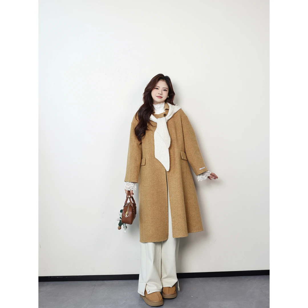 念念&李潇洒-微胖大码女装冬季高级感人字纹黄色中长款羊毛大衣