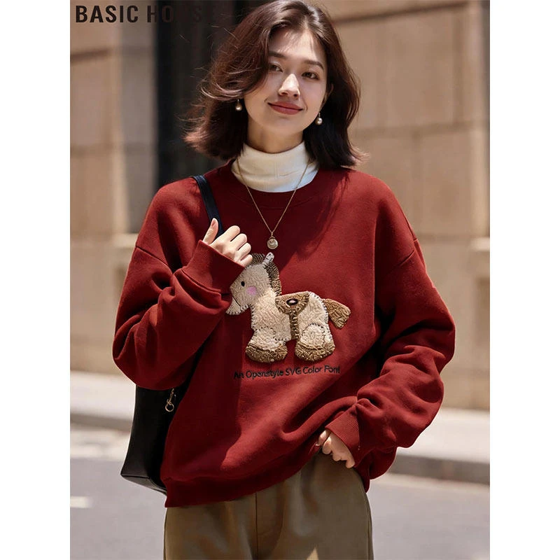 Basic House/百家好马年本命年红圆领卫衣宽松加厚上衣女2026新款