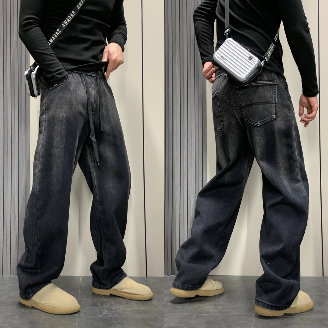 冬季美式潮牌宽松直筒牛仔裤男士渐变休闲长裤百搭帅气加绒弯刀裤