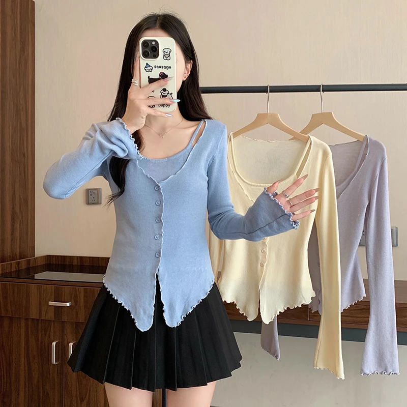 胖mm大码女温柔风木耳边假两件吊带针织上衣