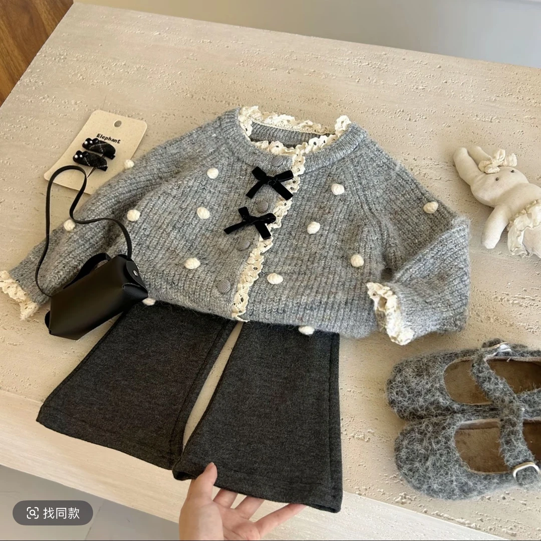 【奶芙】原创！韩国童装女童秋装套装小女孩复古毛衣喇叭裤套装