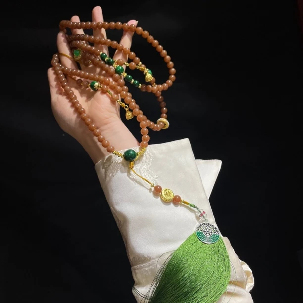 铜合金石英石项链 新中式斜跨链长款项链毛衣链女马面裙配饰