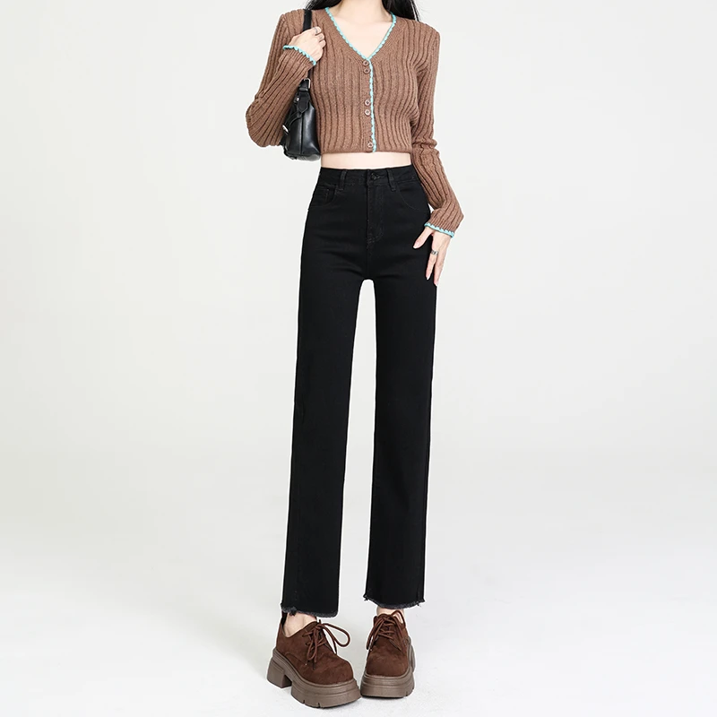 黑色烟管直筒牛仔裤女小个子2025春秋新款修身高腰遮胯八九分裤子