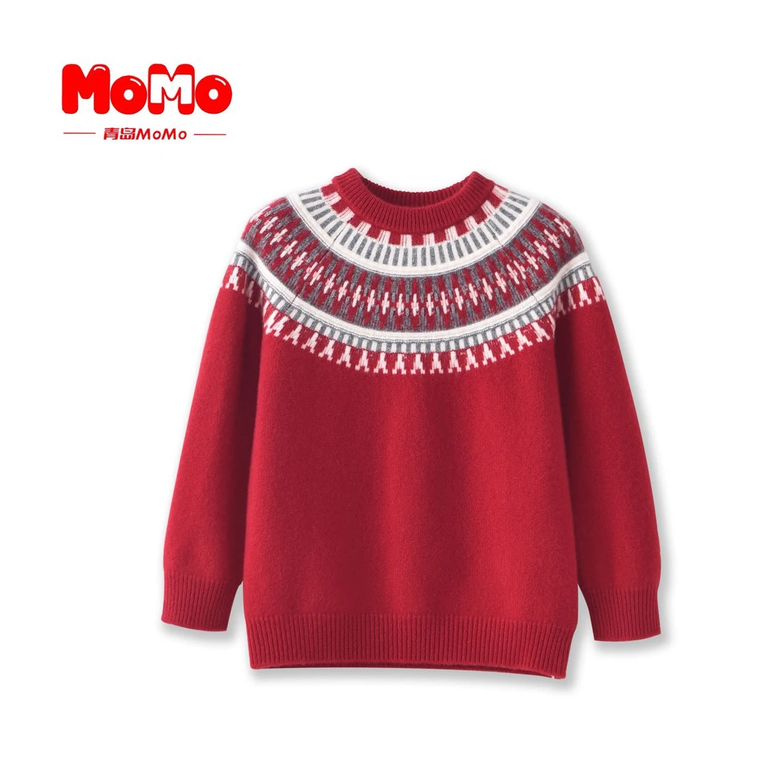 MOMO新款 100羊毛冬季轻盈保暖儿童圆领套头毛衣