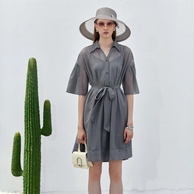 sdeer圣迪奥女装时尚收腰格子吊带两件套喇叭袖连衣裙S232Z12KY