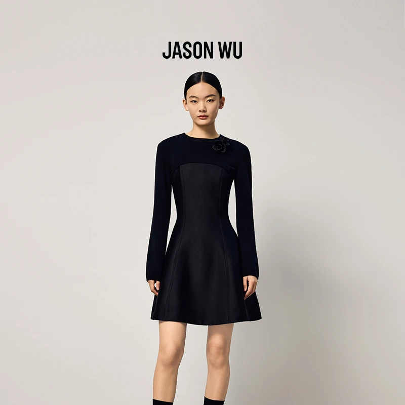 【绵羊毛】JASON WU2025秋冬新款收腰针梭拼两件式小黑裙连衣裙女