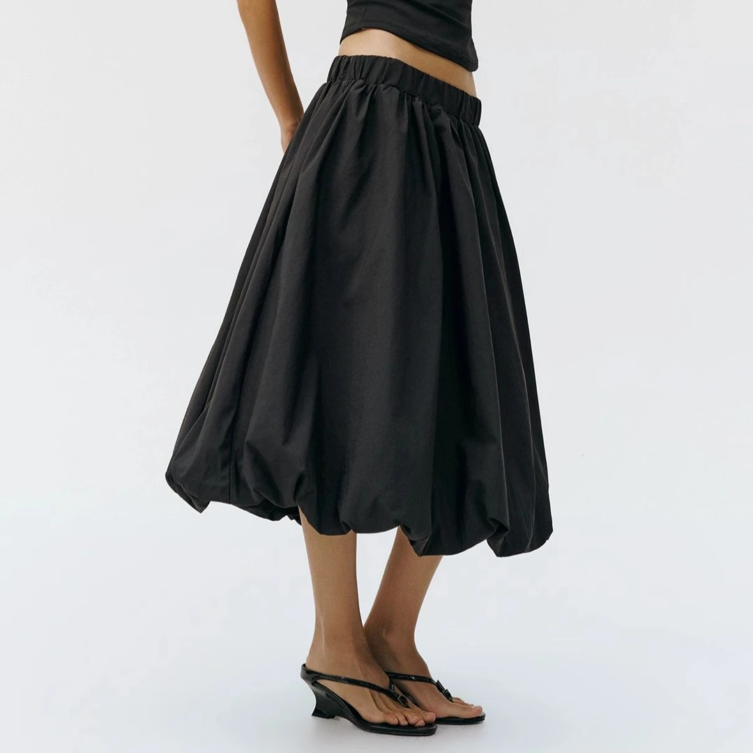 antceee 纯色褶皱工艺双侧口袋立体感花苞裙舒适高质感半身裙长裙