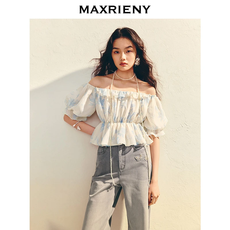 MAXRIENY优雅浪漫感一字肩雪纺衫25夏季新款抽褶设计收腰上