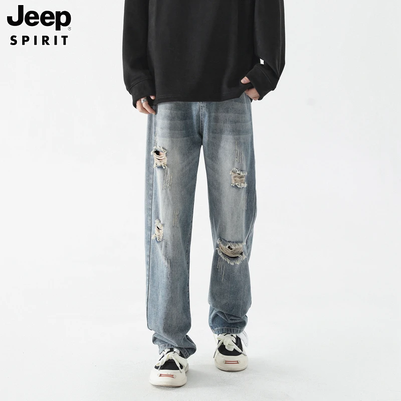 JEEP吉普美式复古透气牛仔裤男士春秋季新款高街嘻哈直筒破洞长裤