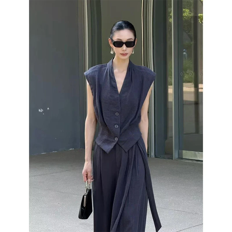 老钱风亚麻套装女夏季松弛感时尚减龄显瘦无袖上衣阔腿裤两件套潮