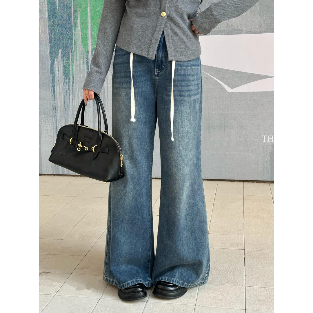 QC李潇洒【怀旧牛仔】微胖大码春季复古阔腿裤抽绳高腰宽松牛仔裤