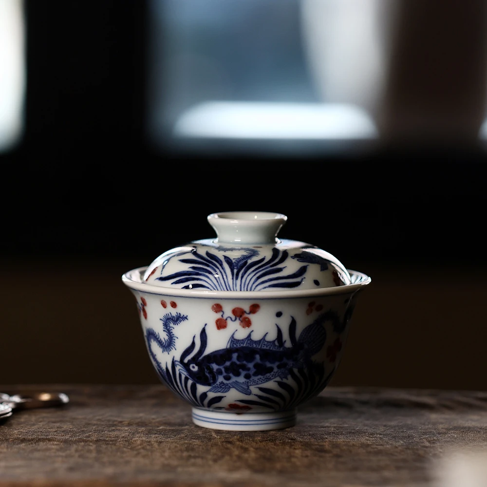 和然新鱼藻纹岩茶盖碗手绘青花釉里红泡茶碗分茶器景德镇陶瓷茶具