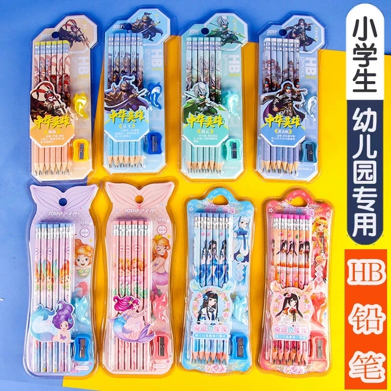 卡通铅笔带橡皮擦头圆杆三角HB小学生专用幼儿园写字铅笔12支