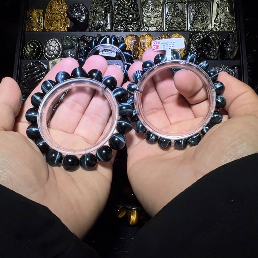 未镶嵌黑曜岩手链M****_天然蓝虎眼爆闪10m刚圈12m