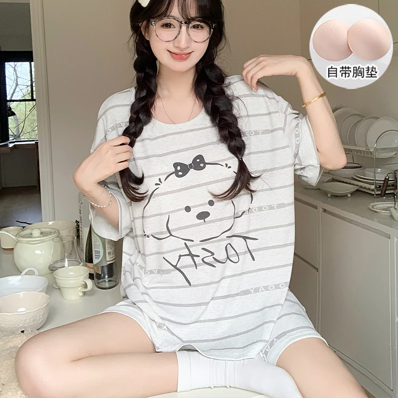 夏季带胸垫睡衣女款短袖宽松休闲可爱短裤家居服套装可外穿睡衣女