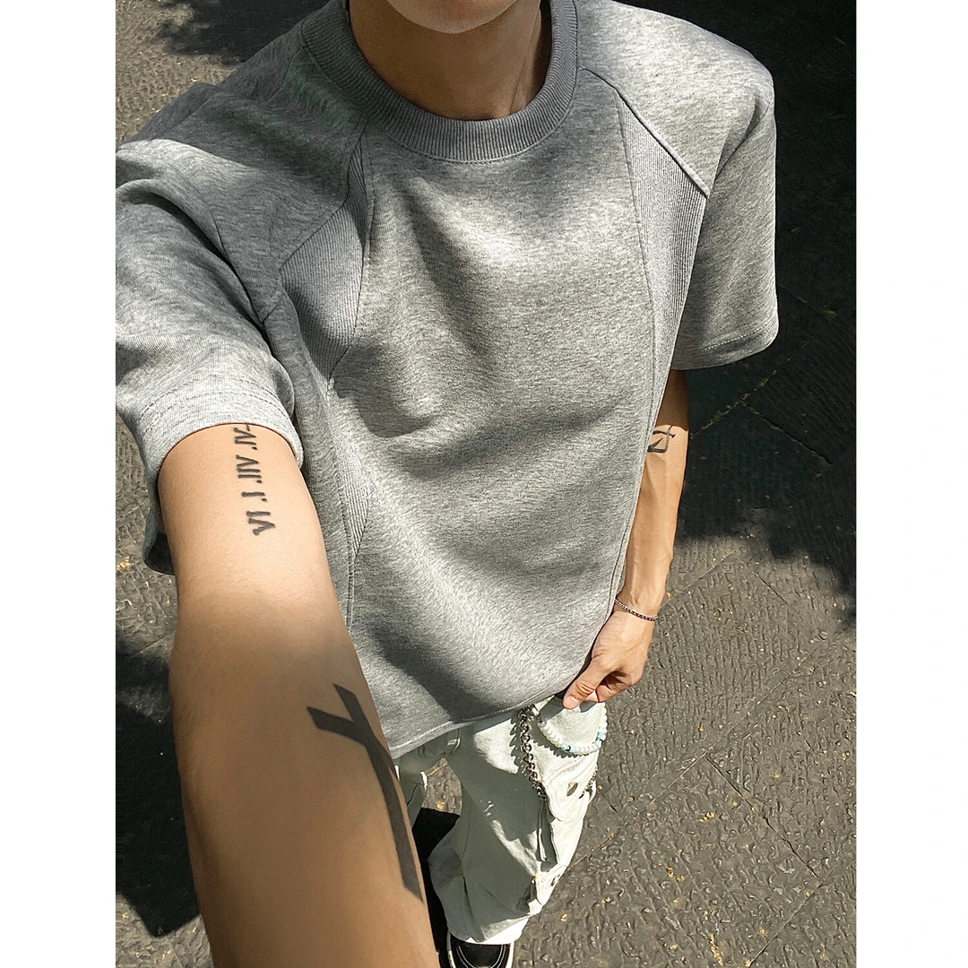 灰色cleanfit美式重磅拼接短袖t恤男夏季boxy潮牌宽松半截袖体恤