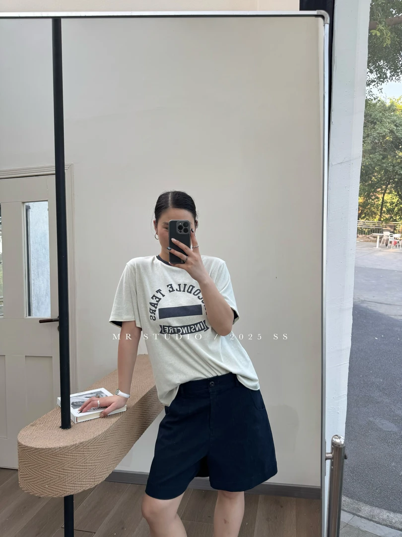 【YILI显瘦女装】韩系双层柔软拼色印花字母圆领短袖t Y0782