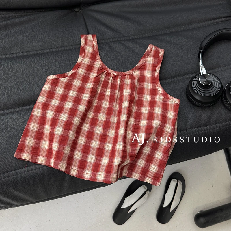 现【波尔多格】阿卷夏女童韩版复古格纹无袖背心娃娃衫上衣MPG6372