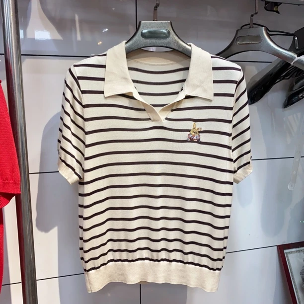 珊珊时装 夏季中老年天丝翻领条纹毛衣针织衫修身百搭女装上衣