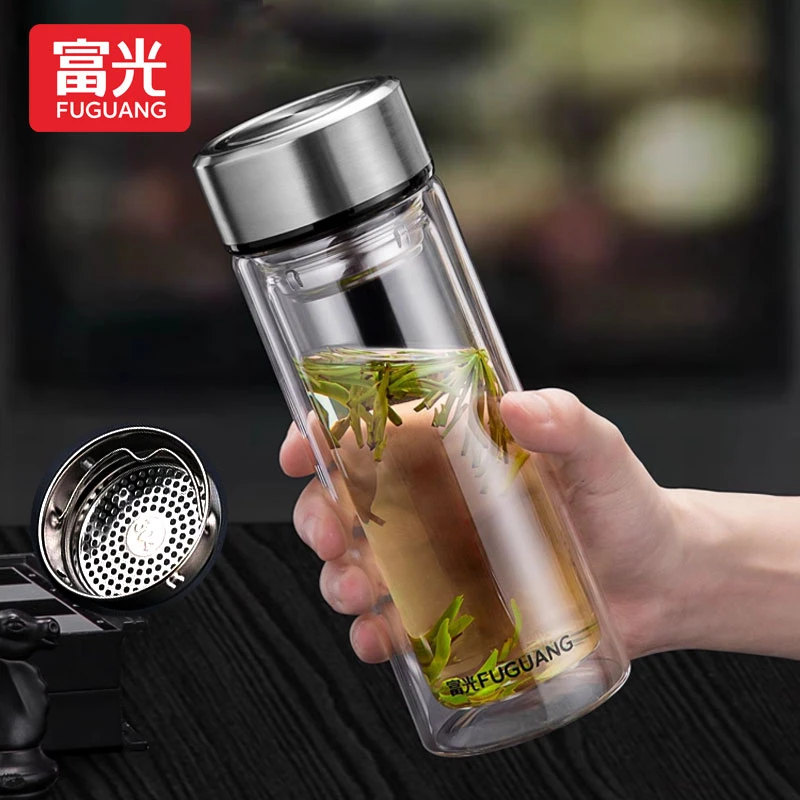 富光双层玻璃杯大容量水杯隔热便携泡茶杯耐热高硼硅材质简约杯子