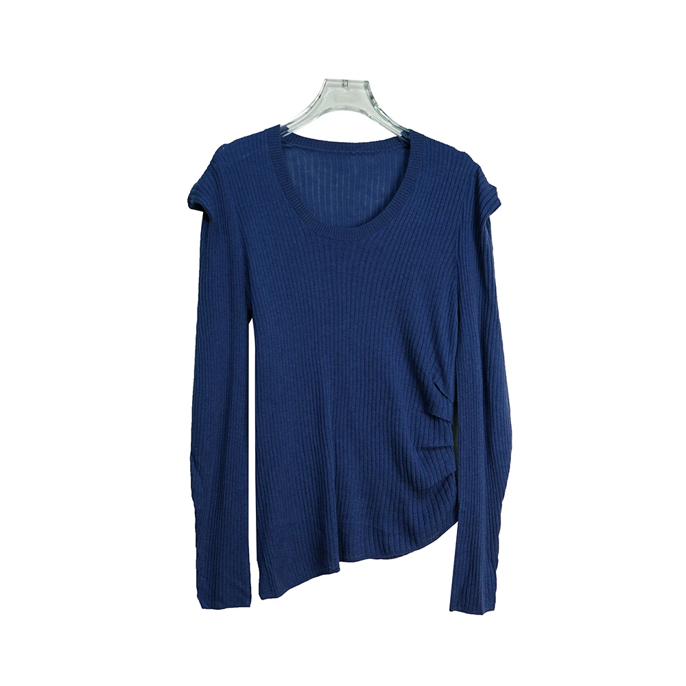 E22017【品牌撤柜】气质圆领修身显瘦褶皱宝石蓝打底毛衣3Q