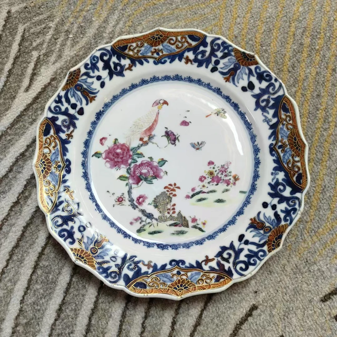 D677清乾隆青花粉彩描金花鸟葵口折沿盘