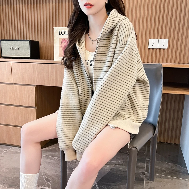 条纹拼接连帽长袖卫衣女早秋季爆款韩版oversize宽松慵懒风外套潮