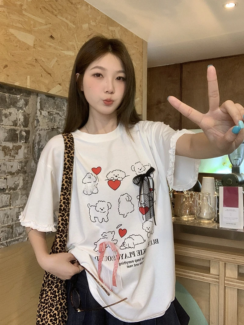 2025夏装新款胖mm大码女甜美卡通印花蝴蝶结宽松短袖T恤