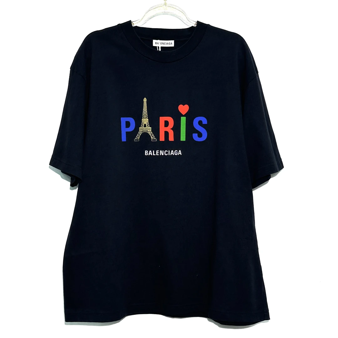 99新 Balenciaga/巴黎世家 L码 巴黎印花黑色短袖 0379