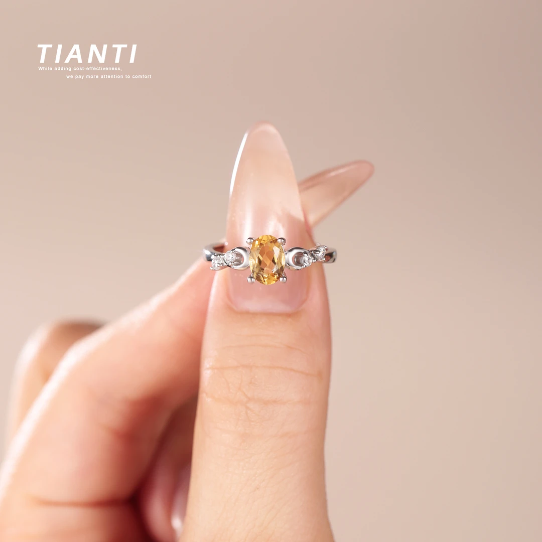 TIANTI/天缇日月同辉5X7天然黄水晶戒指S925银镀铂金色（银色）轻奢