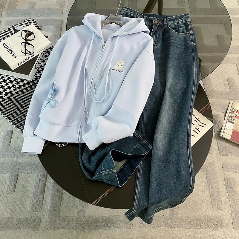 网红时尚休闲套装春女新款连帽拉链卫衣阔腿牛仔裤减龄时尚两件套