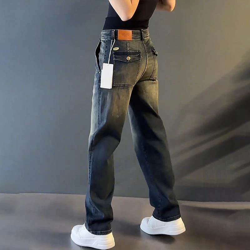 轻奢男装大码潮牌男士潮高级感时尚牛仔裤直筒长裤设计感秋冬加绒